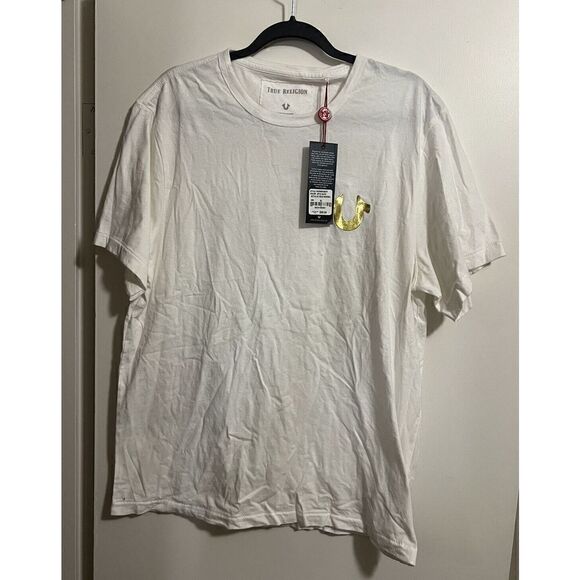 True Religion Mens White Short Sleeve T-shirt Gold Metalic Buddha Size XL NWT - Picture 1 of 4